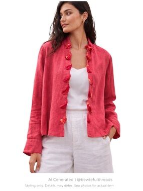 Fuchsia Silk Linen Jacket Textured Open Front Statement Pink Blazer
